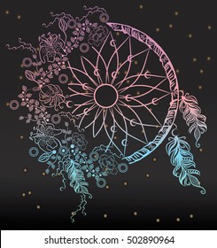 Colorfull dreamcatcher with flowers and feathers. Boho chic style. Hand drawn. Vector illustration.