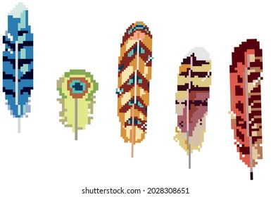 colorfull feather pixel art vector .feather pen isolated set