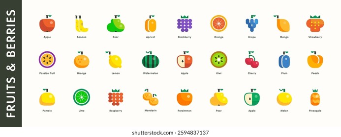 Colorfull flat modern fruits and berries icon set. Vector symbol including apple, pear, orange, kiwi, cherry, banana, lemon, grape, plum, watermelon, mango and other