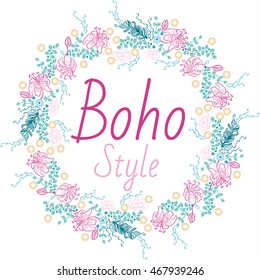 Colorfull flowers frame in boho chic style.