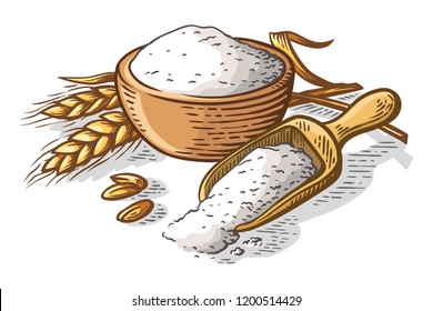 colorfull fresh flour wooden dish scoop on white background vector illustration