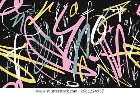 colorfull graffiti seamless pattern with abstract tags, letters without meaning. Fashion hand drawing texture, street art retro style, old school design for Tees, textile.eps8
