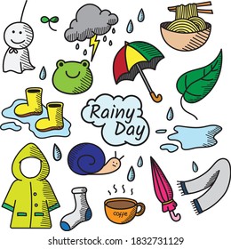 Colorfull Hand Drawn Set of Cute Rainy Day Doodle