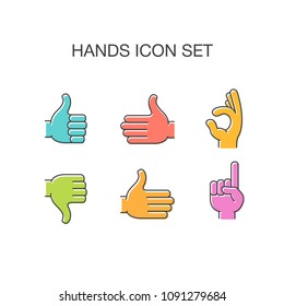 Colorfull hands vector illustration thin line art icons set. Hand gesture line icon set in modern geometric. Isolated vector illustration of human hands on white background.