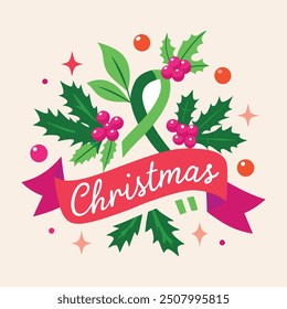 Colorfull holiday card elements with festive tree, snowflakes, and Christmas text