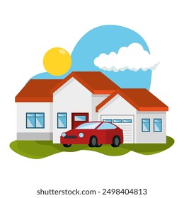 Colorfull House Illustration with garage and car isolated background