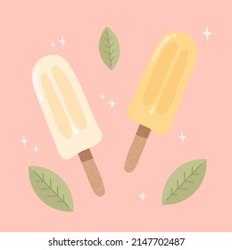 Colorfull Ice cream. Frozen dessert, gelato. Summer candy, icecream. Frozen juice, fruit ice. Cold ice cream, sweet food logo. Icecream vector illustration. mint branch