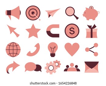 Colorfull icons for referral program set. Icons for business situations, and communication. Targeting and advertising, idea and development. Vector illustration