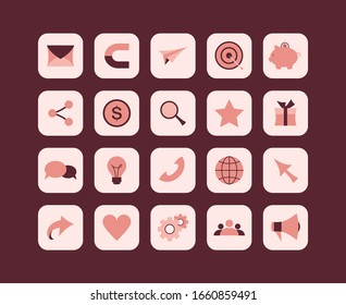 Colorfull icons for referral program set. Icons for business situations, and communication. Targeting and advertising, idea and development. Vector illustration