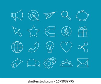 Iconos coloridos para el conjunto de programas de referencia. Iconos para situaciones de negocios y comunicación. Orientación y publicidad, idea y desarrollo. Ilustración del vector