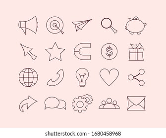 Iconos coloridos para el conjunto de programas de referencia. Iconos para situaciones de negocios y comunicación. Orientación y publicidad, idea y desarrollo. Ilustración del vector