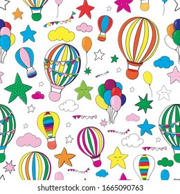 Colorfull illustration for children Patttern. Clouds, balloons, stars, sky, party elements. Children's illustration for paper, wallpaper, textile.