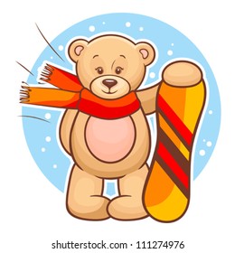 Colorfull Illustration Of Cute Teddy Bear With Snowboard.