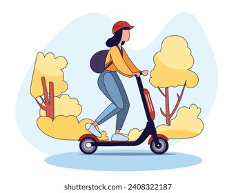 Colorida ilustración de una niña que lleva una bolsa con casco y conduce una motocicleta eléctrica. Concepto de entrega.Ilustración vectorial del transporte ecológico.Elementos de diseño aíslan el fondo.