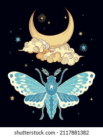 colorfull illustration of moth in black and gold colours with moon