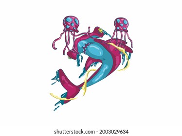 colorfull illustration of sharks and jellyfish catching sharks