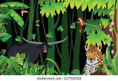 Colorfull Leopard lying, buffalo and jungle birds and plants, jungle background  vector illustration