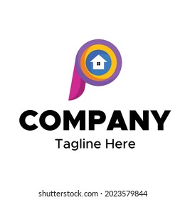 colorfull letter p logo with house icon inside vector design