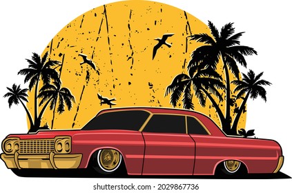colorfull lowrider Cars Vintage Illustration. Gold Chrome Part. Summer Beach svg