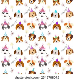 Colorfull New Year seamless pattern in cute dog illustration style, scene is cheerful and festive. Design texture ideal for printing fabric and paper.