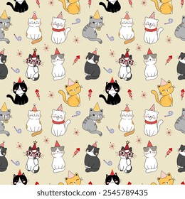 Colorfull New Year seamless pattern in cute cat illustration style, scene is cheerful and festive with cat and fireworks. Design texture ideal for printing fabric and paper.