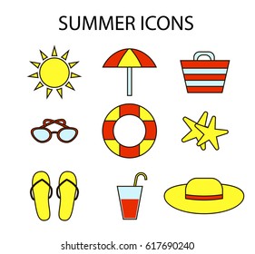 Colorfull outline web icon set on the theme of summer, vacation, beach. Vector illustration