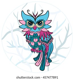 Colorfull owl on the tree. Boho chic style.