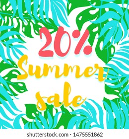 Colorfull palm leaves dypsis and monstera with records summer sale. Vector of sammer sale banner template with round frame and tropical plants. Summer sale banner design with discount label.