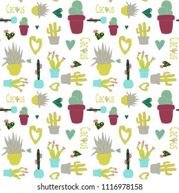 Colorfull pattern with hand drawing cactus