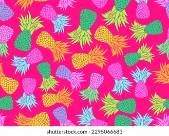 Colorfull pineapples seamless pattern. Summer fruit pattern. Multicolored pineapples. Tropical background for T-shirt, print on paper and fabric. Vector illustration