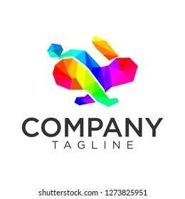 Colorfull Polygon Rabbit Logo Design Vector Stock Illustration. Rabbit Run Logo Design Icon. Animal Logo Colorfull Polygonal. Rabbit Tech Logo Design