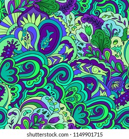 Colorfull psychedelic seamless pattern. Underwater, floral, doodle vector illustration.