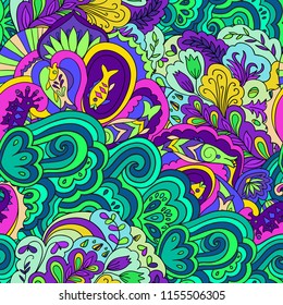 Colorfull psychedelic seamless pattern. Underwater, floral, doodle vector illustration.