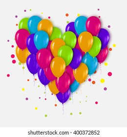 Colorfull Realistic 3d Heart Bunch of  Balloons Flying for Party and Celebrations with confetti. Trendy Design element of Happy Birthday or Valentine's day. Vector Illustration.