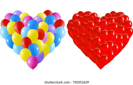 Colorfull Realistic Heart Bunch of Balloons Flying for Party and Celebrations with confetti. Trendy Design element of Happy Birthday or Valentine's day. Vector Illustration.
