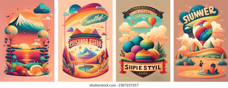 colorfull retro Summer landscape set . Tourist tent on the background of the lake and the sunset. Around nature, grass and trees. Night out in the fresh air. poster for music or summer festival