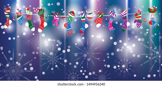 Colorfull Santa Claus socks and gloves pattern. Mock up for Christmas and New Year greeting cards. Vector illustration.