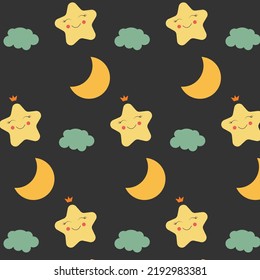 Colorfull seamless pattern with cute stars, moon, clouds