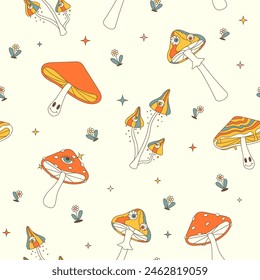 Colorfull seamless pattern with groovy mushrooms on the white background