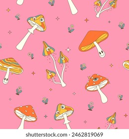 Colorfull seamless pattern with groovy mushrooms on the pink background