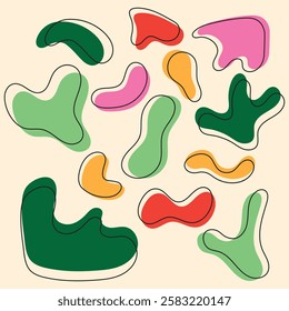 colorfull seamless pattern with liquid organic shape and irregular forms. Creative amoeba-like shapes with bold black outlines that create contrast and definition.