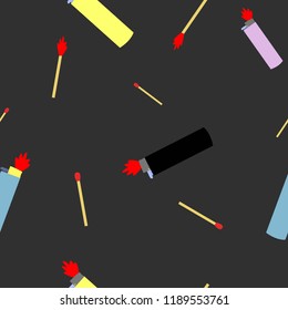 Colorfull seamless pettern of lighters and wooden matches cartoon style on grey background vector illustration