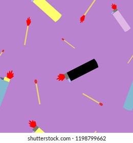 Colorfull seamless pettern of lighters and wooden matches cartoon style on pink background vector illustration