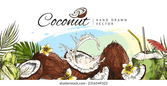 Colorfull sketch whole, half, cut slice coconuts with palm leaf. Vector hand drawn illustration of tropical coconut cocktails with straw and umbrella, Coconut milk splash on watercolor background