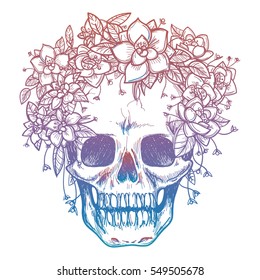 Colorfull skull and flower headdress isolated on white background. Vector illustration