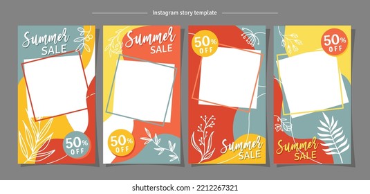 Colorfull Social media story template summer theme background with leaves and foliages