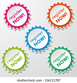 Colorfull star paper stickers with text Register Now.
