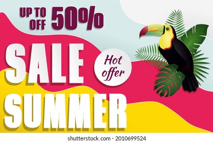 Colorfull summer sale banner with tropical plants and toucan. Vector illustration. 