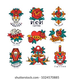 Colorfull tattoos in traditional vintage style set of vector Illustrations