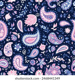 Colorfull traditional flowers, leaves and paisleys seamless repeat pattern. Random placed, vector heritage botanical aop, all over print on dark blue background.